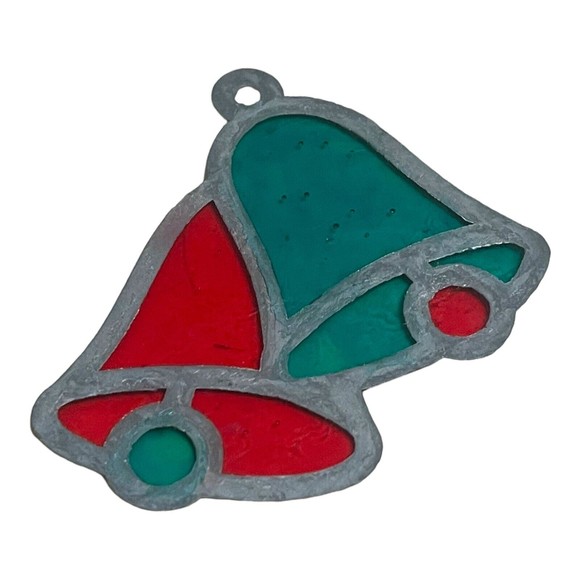 Vtg Handmade Stain Glass Suncatcher Red Green Christmas Bells Ornament - Picture 2 of 2